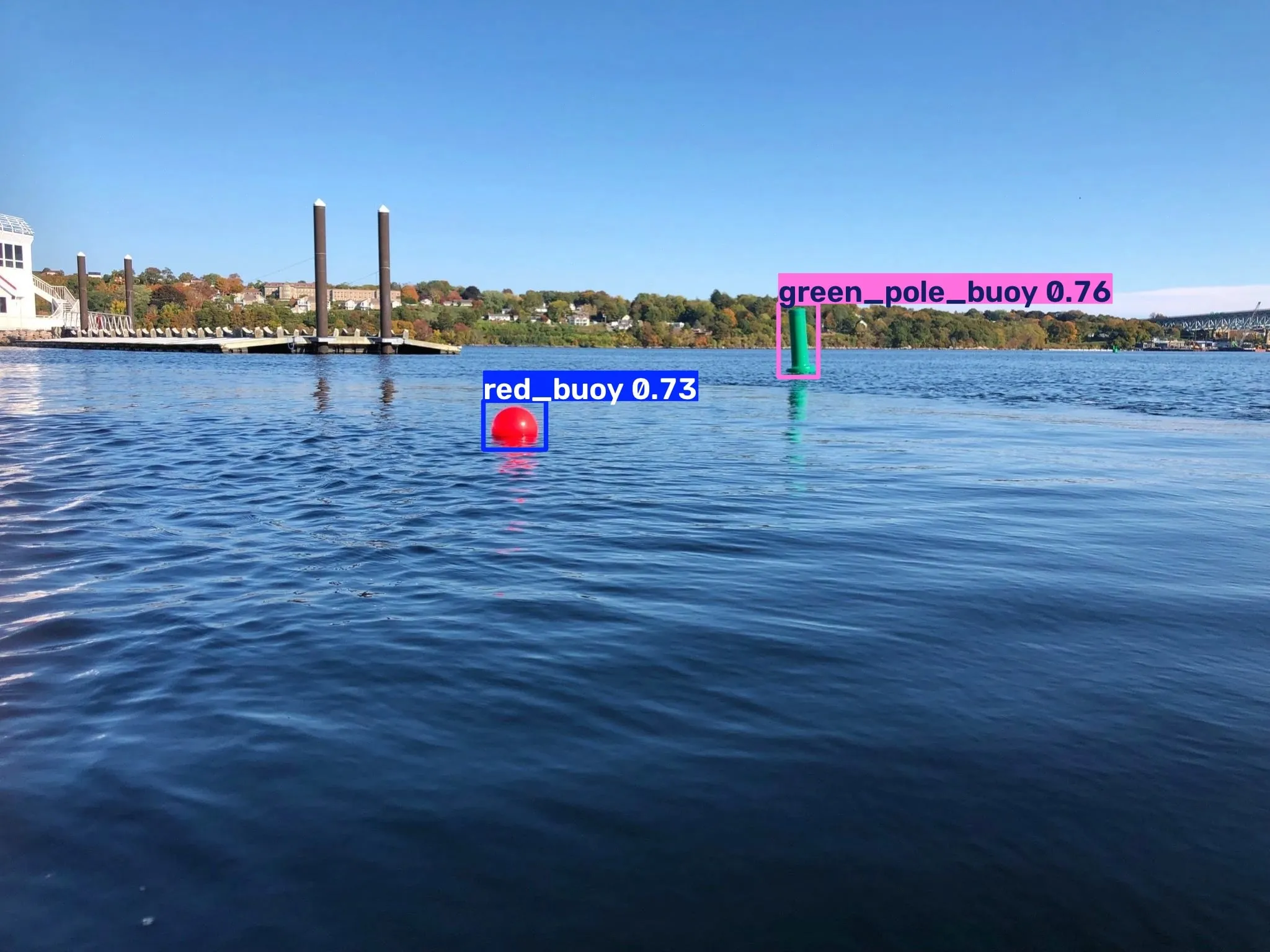 Harbor water with a red ball buoy and a green pole buoy, each boxed and labeled by the detector with its confidence